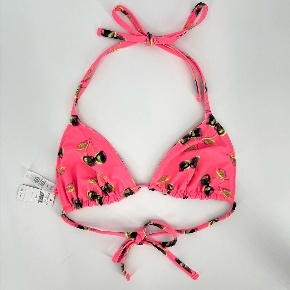 Aerie Reversible Triangle Bikini Top Cherry Abstract Print Women Small‎ Pink NWT